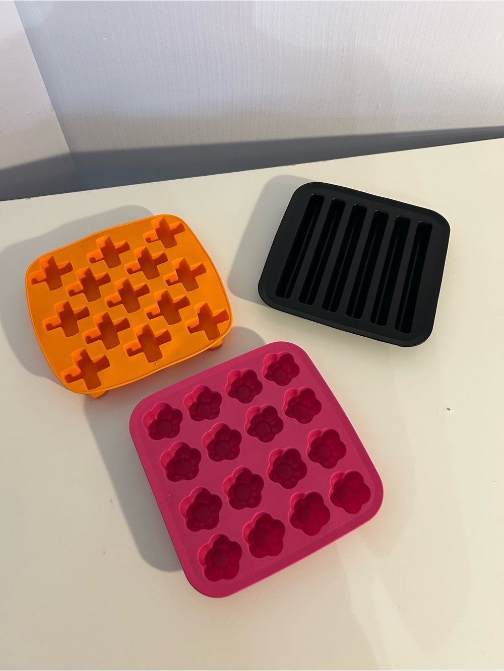 3 pack set of ice mold trays- Silicone Ice Cube Tray Set - Pink, Orange & Black